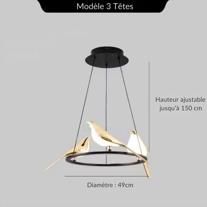 Suspension ronde à 3 oiseaux lumineux avec hauteur ajustable jusqu’à 150 cm, idéale pour salle à manger ou salon contemporain.