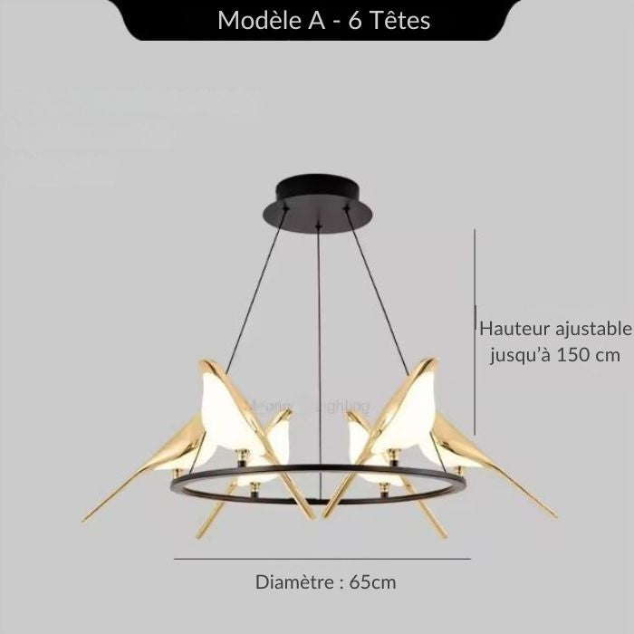 Suspension décorative à 6 oiseaux lumineux dorés sur cercle noir, diamètre 65 cm, hauteur réglable jusqu’à 150 cm pour grands espaces.