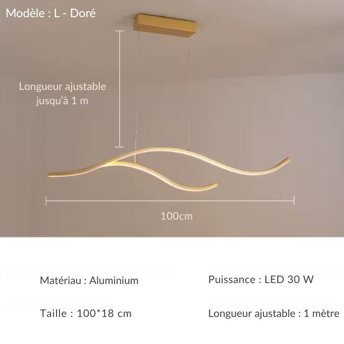 Suspension ondulée LED dorée L de 100 cm, parfaite pour une déco chic et moderne.