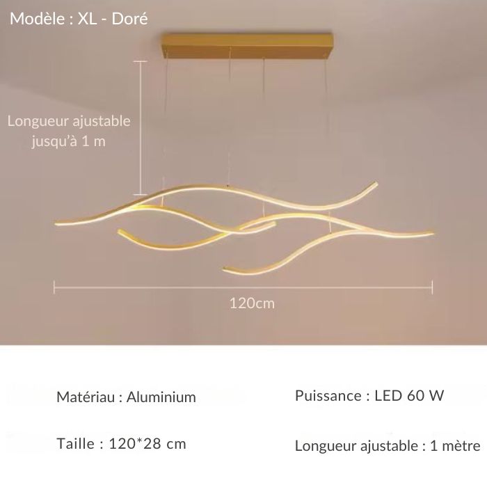 Suspension ondulée LED dorée XL de 120 cm, idéale pour éclairer un espace moderne.