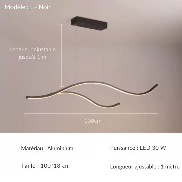 Suspension ondulée LED noire L de 100 cm, parfaite pour un style contemporain élégant.