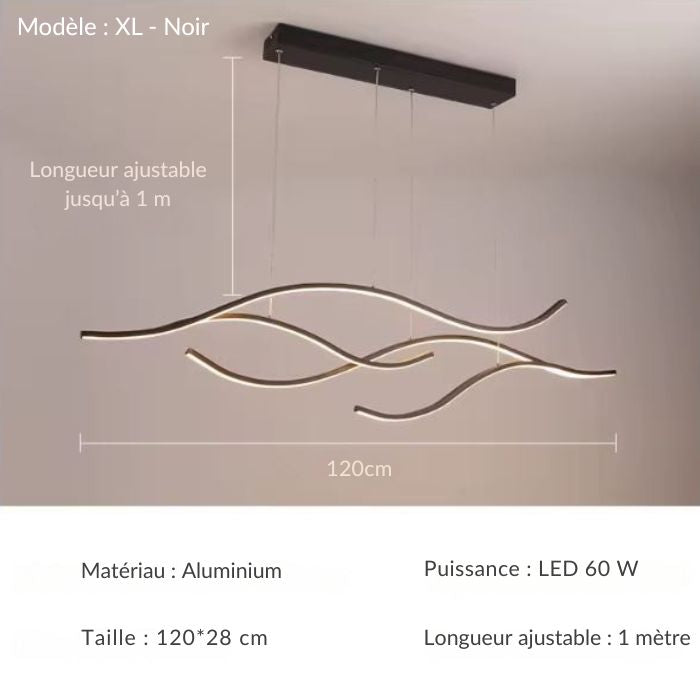 Suspension ondulée LED noire XL de 120 cm au design épuré et moderne.