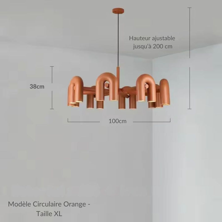 Suspension orange grand format de 100 cm composée de tubes en U, design original aux formes arrondies