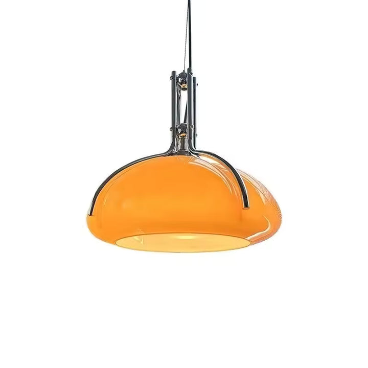 Suspension orange en forme de dôme avec armature chromée, au style Space Age rétro et design années 70