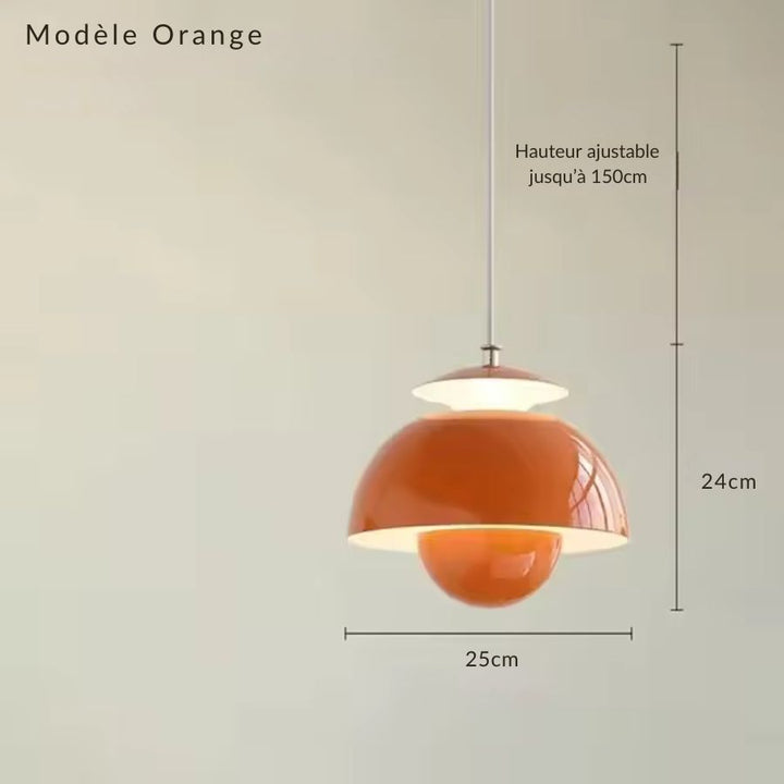 Version orange à globe et large dôme, aux courbes sculpturales typiques du style vintage années 70