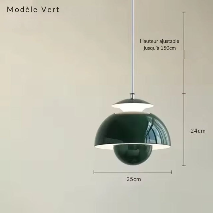 Luminaire vert profond à dôme arrondi et globe inférieur, inspiré du design seventies