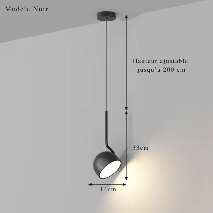 Dimensions de la suspension orientable noire à coupole inclinable avec hauteur réglable jusqu’à 200 cm