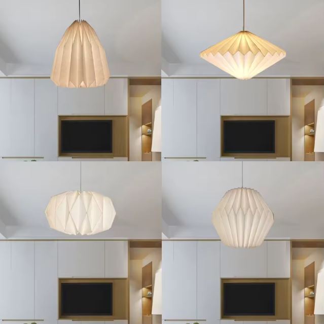 Quatre designs de suspensions origami en papier japonais pour une décoration moderne et unique