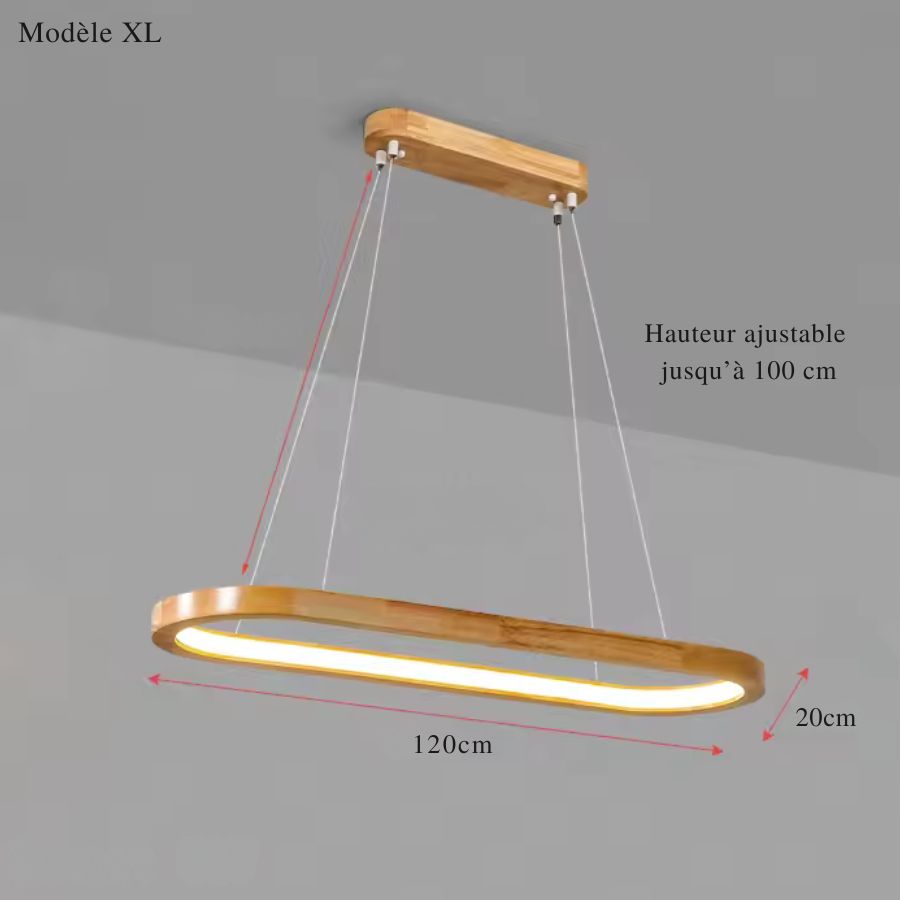 Grande suspension ovale de 120 cm en bois avec éclairage LED intégré, idéale pour un intérieur contemporain