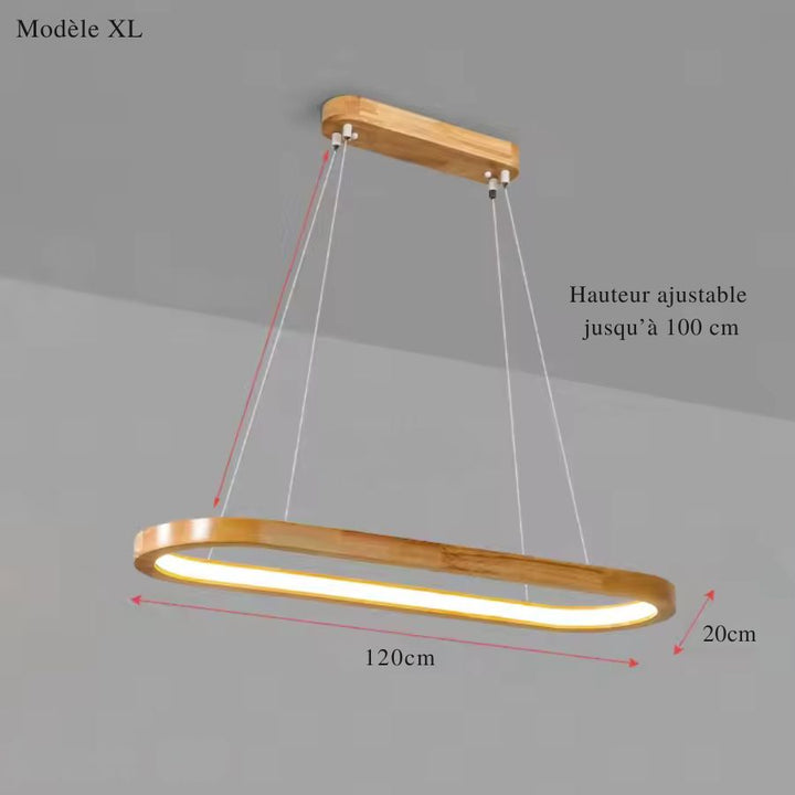 Grande suspension ovale de 120 cm en bois avec éclairage LED intégré, idéale pour un intérieur contemporain