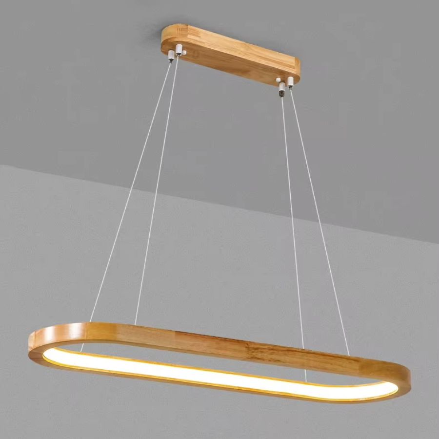 Ligne ovale en bois naturel avec LED intégrée pour une suspension au design moderne, épuré et organique