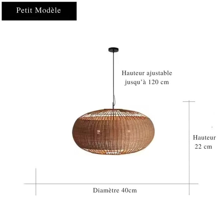 Dimensions de la suspension ovale en rotin tressé de style bohème : 40 cm de diamètre, 22 cm de haut et câble réglable.