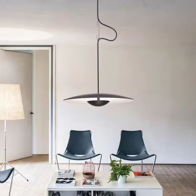 Suspension ovni noire au design minimaliste, idéale pour un salon contemporain avec un éclairage moderne et élégant.