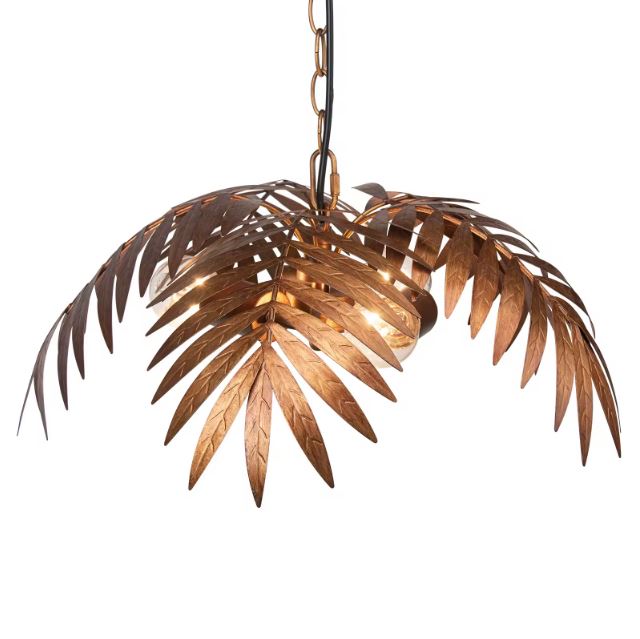 Suspension palmier en métal cuivré, au design exotique et feuillu, idéale pour une décoration tropicale et lumineuse.