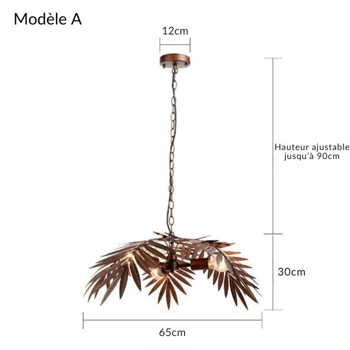 Suspension palmier en métal modèle A avec feuillage dense, idéale pour un éclairage exotique et naturel.