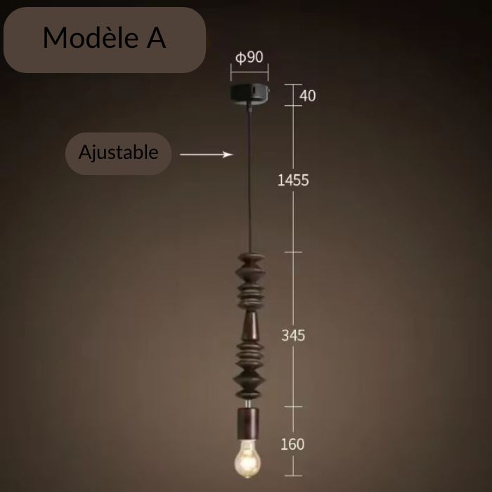 Suspension perle bois modèle A en bois foncé ajustable, au style artisanal et raffiné, idéale pour un intérieur moderne.