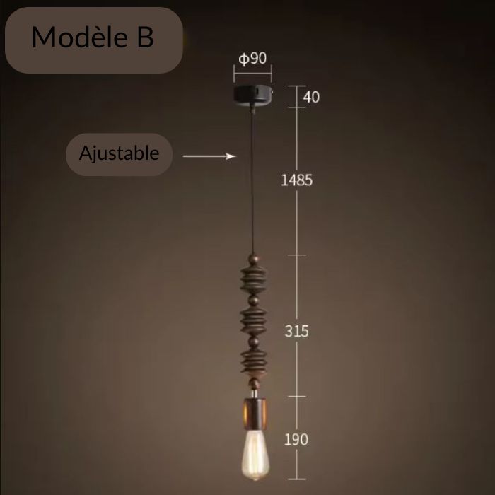 Suspension perle bois modèle B en bois foncé ajustable, au design intemporel, parfaite pour sublimer une pièce chaleureuse.