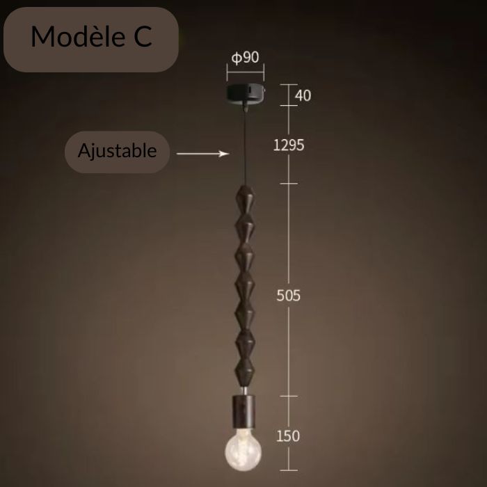 Suspension perle bois modèle C en bois foncé ajustable, au design géométrique moderne, parfait pour une ambiance chic.