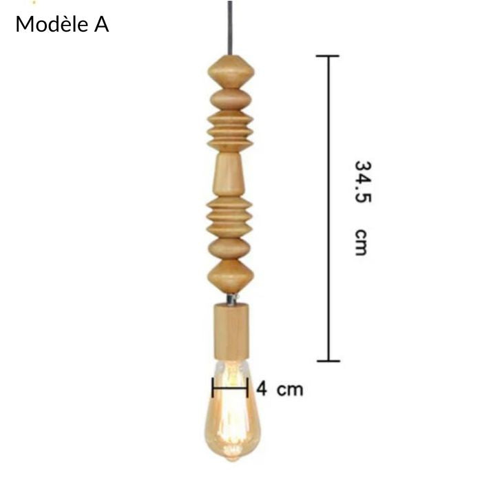 Suspension perle bois modèle A en bois naturel clair, dimensions 34,5 cm, parfaite pour un intérieur lumineux et chaleureux.