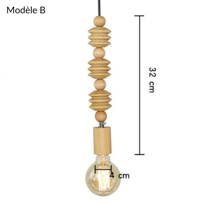 Suspension perle bois modèle B en bois naturel clair, dimensions 32 cm, au design chaleureux et épuré.