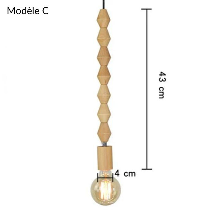 Suspension perle bois modèle C en bois naturel clair, dimensions 43 cm, idéale pour une décoration naturelle et lumineuse.