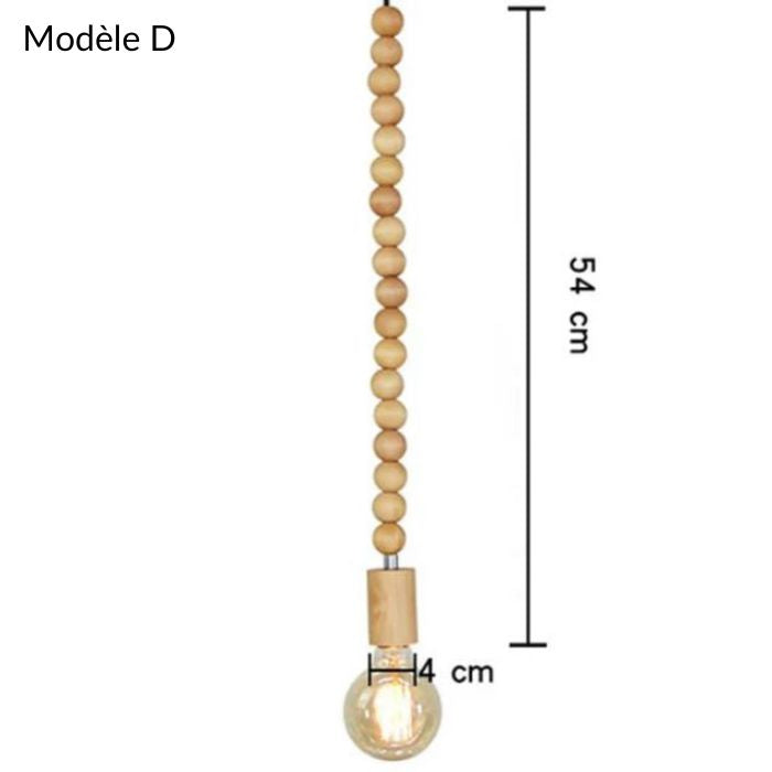 Suspension perle bois modèle D en bois naturel clair, dimensions 54 cm, apportant une touche minimaliste et élégante.