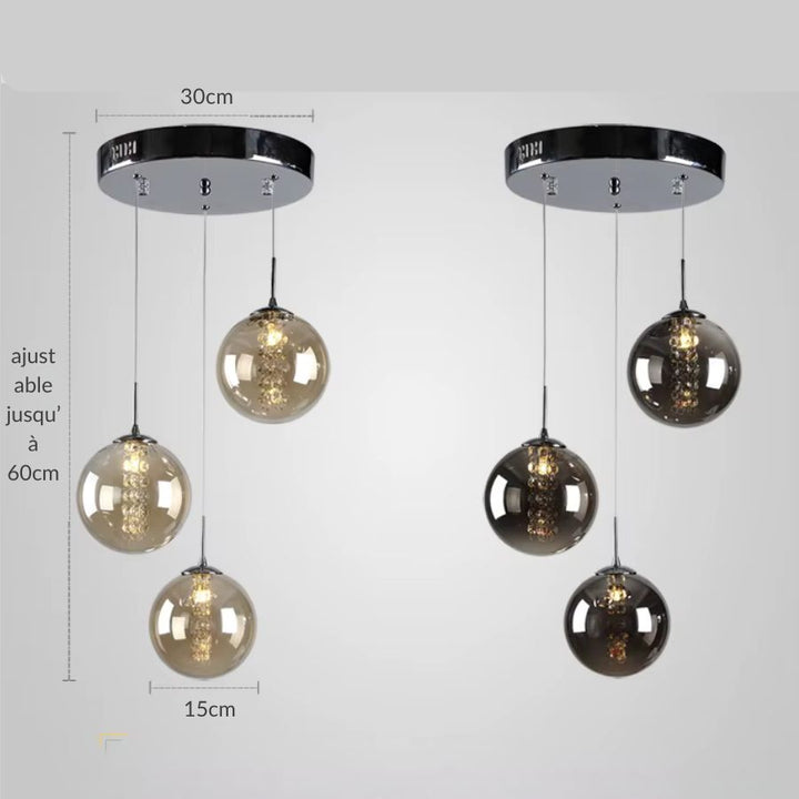 Suspension triple à 3 globes en verre cognac ou fumé, modèle contemporain avec hauteur ajustable
