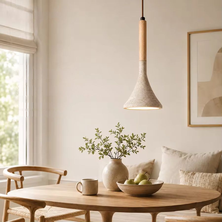 Au-dessus d’une table en bois clair, ce luminaire en pierre et bois s’intègre dans une salle à manger scandinave apaisante