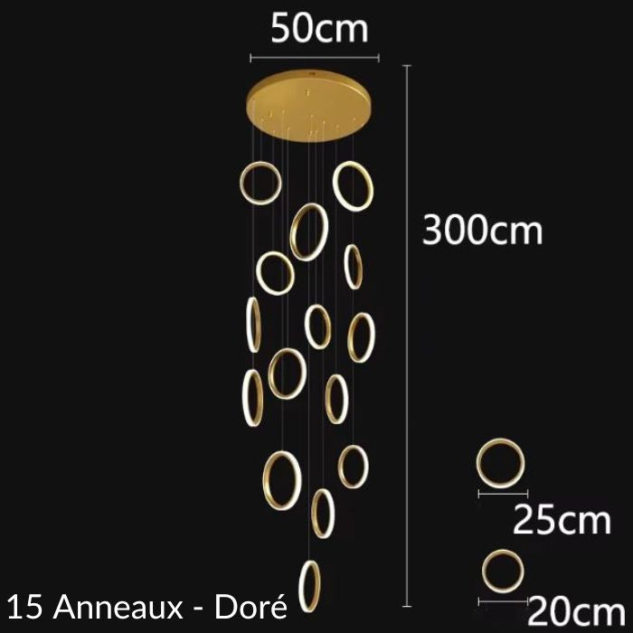 Schéma de suspension plafond cathédrale avec 15 anneaux dorés, design raffiné et détails des dimensions pour espaces luxueux.