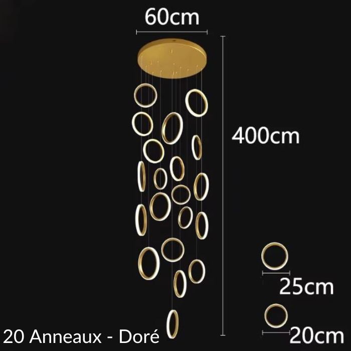 Schéma de suspension plafond cathédrale avec 20 anneaux dorés, design luxueux et détails des dimensions pour espaces prestigieux.