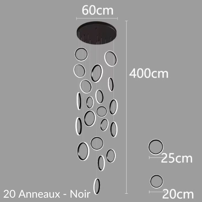 Schéma de suspension plafond cathédrale avec 20 anneaux noirs, design spectaculaire et détails des dimensions pour espaces majestueux.