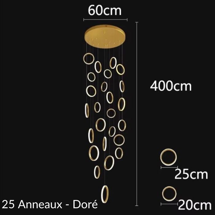 Schéma de suspension plafond cathédrale avec 25 anneaux dorés, design prestigieux et détails des dimensions pour espaces élégants.