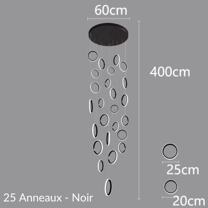 Schéma de suspension plafond cathédrale avec 25 anneaux noirs, design impressionnant et détails des dimensions pour grands volumes.