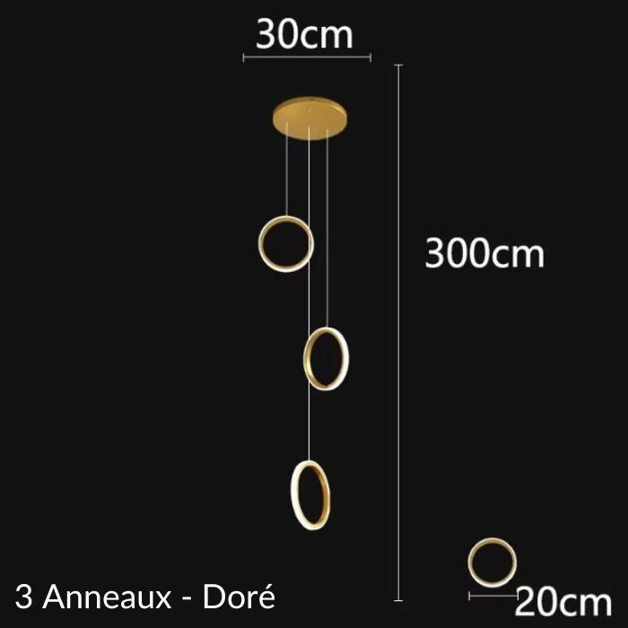 Schéma de suspension plafond cathédrale avec 3 anneaux dorés, hauteur ajustable et détails des dimensions.