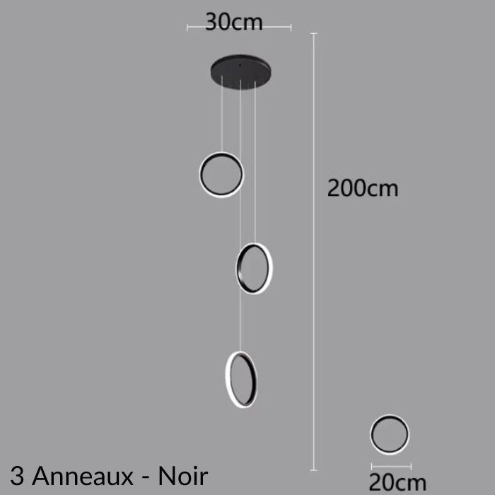 Schéma de suspension plafond cathédrale avec 3 anneaux noirs, détails des dimensions et design minimaliste.