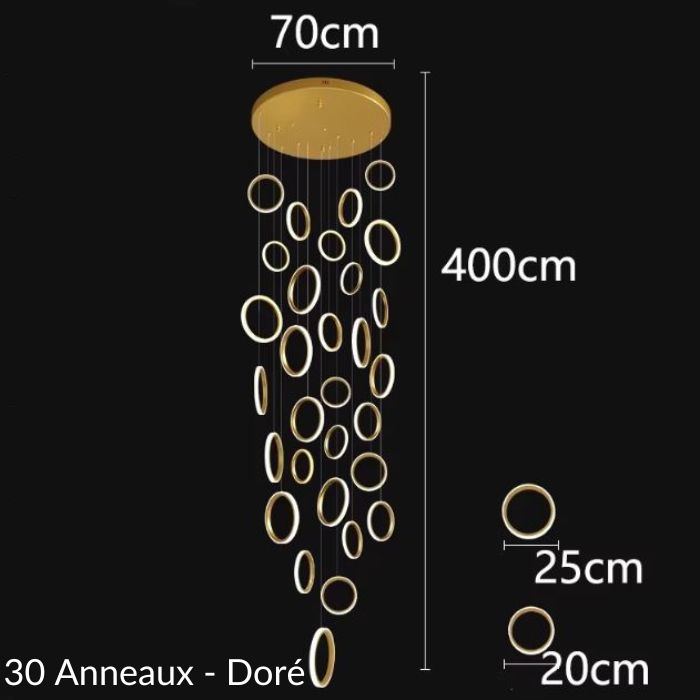 Schéma de suspension plafond cathédrale avec 30 anneaux dorés, design somptueux et détails des dimensions pour espaces luxueux.