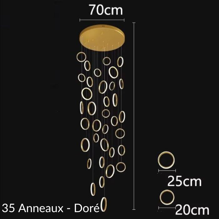 Schéma de suspension plafond cathédrale avec 35 anneaux dorés, design somptueux et détails des dimensions pour intérieurs prestigieux.