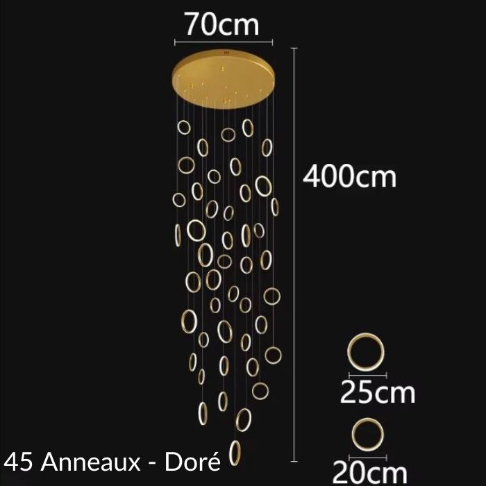 Schéma de suspension plafond cathédrale avec 45 anneaux dorés, design majestueux et détails des dimensions pour intérieurs élégants.