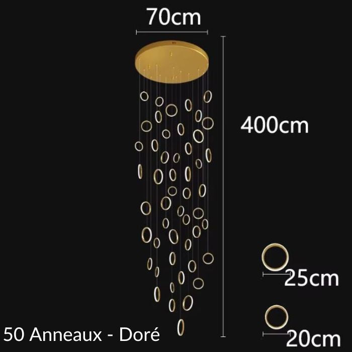 Schéma de suspension plafond cathédrale avec 50 anneaux dorés, design exceptionnel et détails des dimensions pour intérieurs luxueux.