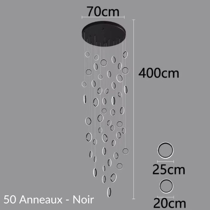 Schéma de suspension plafond cathédrale avec 50 anneaux noirs, design spectaculaire et détails des dimensions pour espaces grandioses.