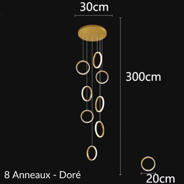 Schéma de suspension plafond cathédrale avec 8 anneaux dorés, design élégant et détails des dimensions pour espaces modernes.