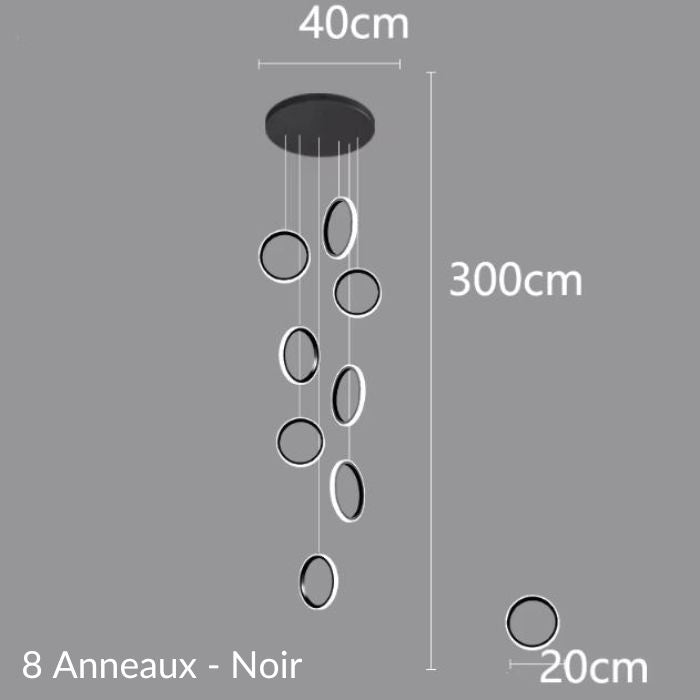 Schéma de suspension plafond cathédrale avec 8 anneaux noirs, design moderne et détails des dimensions pour grands espaces.