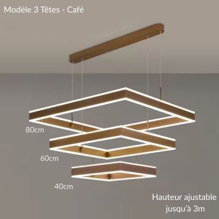 Suspension plafond cathédrale LED couleur café à 3 têtes ajustables, parfaite pour loft ou entrée moderne.