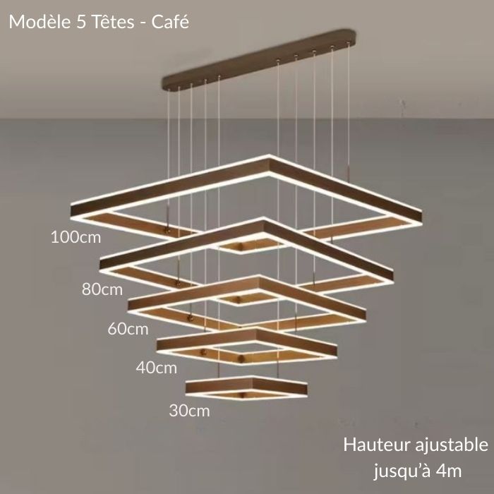 Suspension plafond cathédrale LED couleur café 5 têtes avec hauteur réglable, parfaite pour grands espaces.