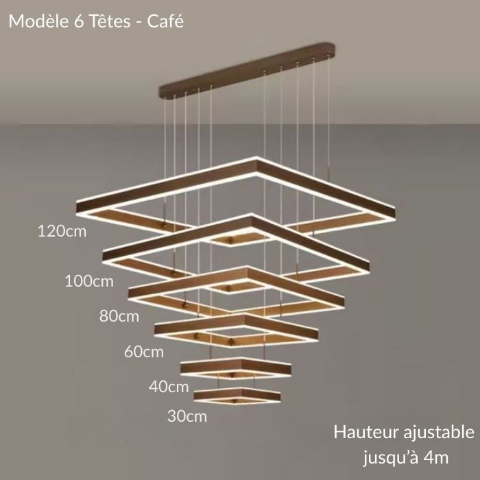 Suspension plafond cathédrale LED couleur café à 6 têtes géométriques, idéale pour grands espaces lumineux.