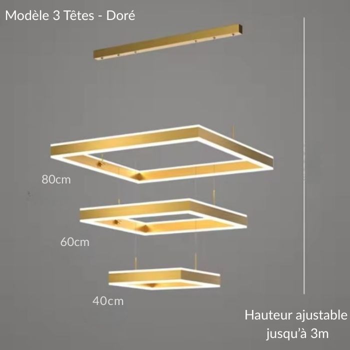 Suspension plafond cathédrale LED dorée 3 têtes moderne avec hauteur réglable, idéale pour salon élégant.