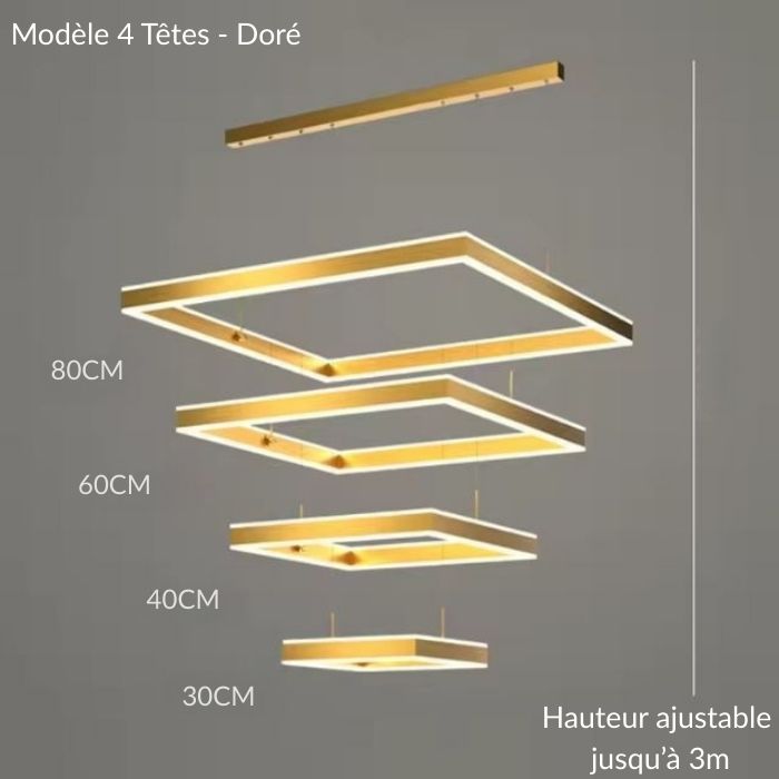 Suspension plafond cathédrale LED dorée 4 têtes modernes avec hauteur réglable, parfaite pour intérieur chic.
