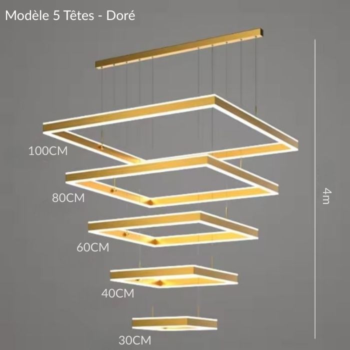 Suspension plafond cathédrale LED dorée à 5 têtes ajustables, idéale pour salon haut de gamme et moderne.