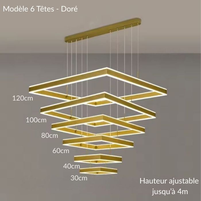 Suspension plafond cathédrale LED dorée à 6 têtes modernes, hauteur ajustable parfaite pour salon haut de gamme.
