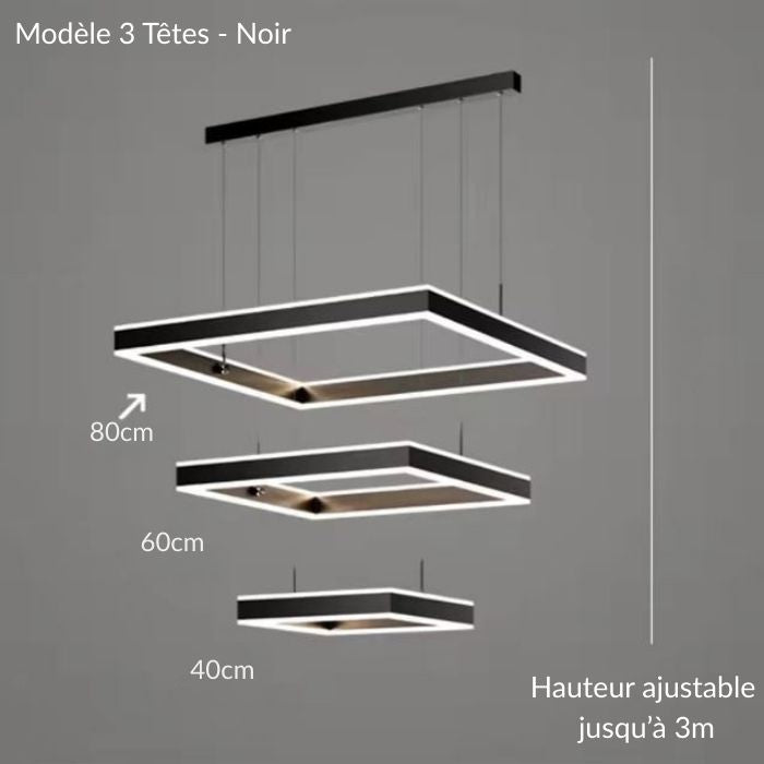 Suspension plafond cathédrale LED noire 3 têtes avec hauteur ajustable jusqu’à 3m pour plafonds hauts.